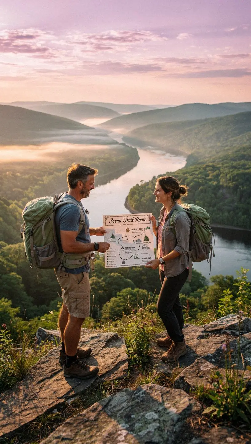 Zachód słońca nad malowniczym jeziorem z miejscem na piknik w tle.